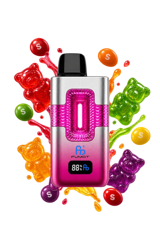 Fumot ECO 2in1 50000 Gummy Bear & Skittles mit pinkem Gerätedesign und bunten Fruchtgummis und Süßigkeiten