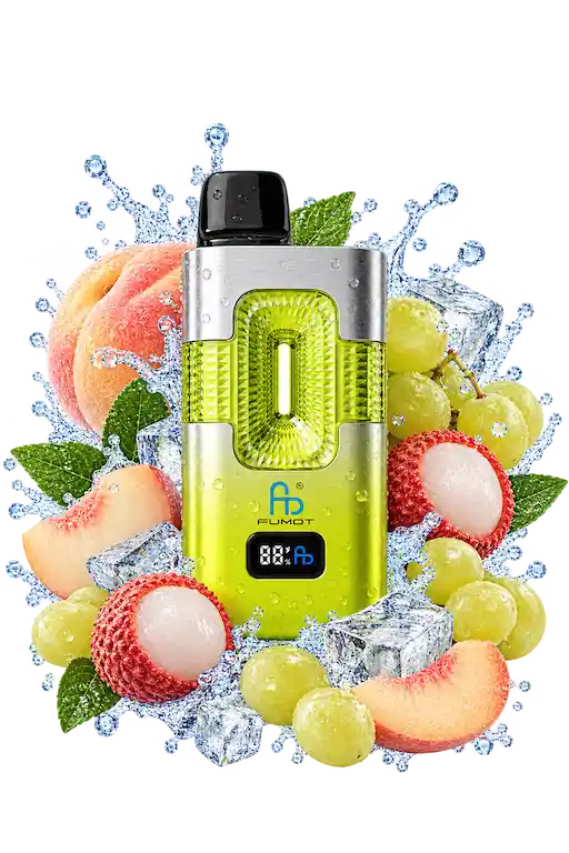 Fumot ECO 2in1 50K Peach Ice & White Mamba mit limettengrünem Gehäuse, Pfirsichen, hellen Trauben, Litschi und Eiswürfeln auf transparentem Hintergrund