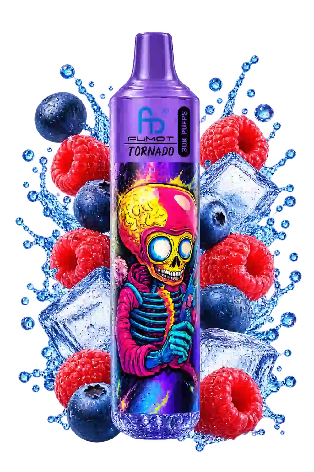 RandM Tornado 30000 Blueberry Sour Raspberry – Produktfoto der lila Vape mit Heidelbeeren, Himbeeren und Eiswürfeln auf transparentem Hintergrund.