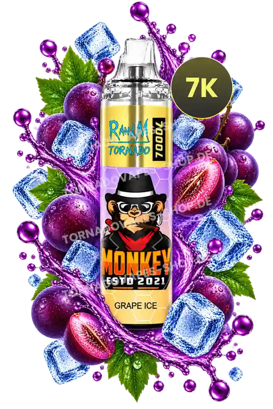 RandM Tornado 7000 Grape Ice Vape mit saftigen Trauben, Eiswürfeln und kühlem Fruchtaroma