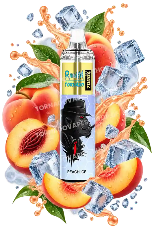 RandM Tornado 7000 Peach Ice Vape mit saftigem Pfirsich, Eiswürfeln und frischer Ice-Note