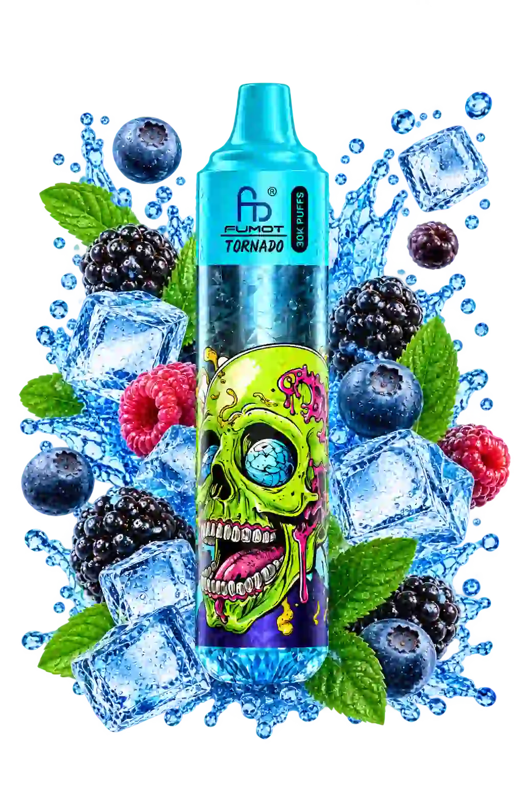RandM Tornado 30000 Black Ice – Produktfoto mit Blaubeeren, Brombeeren und Eiswürfeln