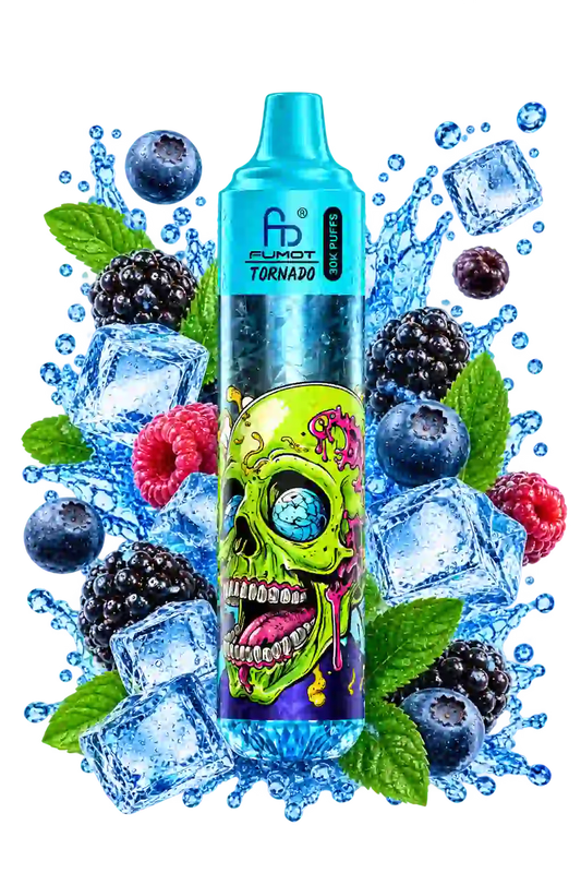 RandM Tornado 30000 Black Ice – Produktfoto mit Blaubeeren, Brombeeren und Eiswürfeln
