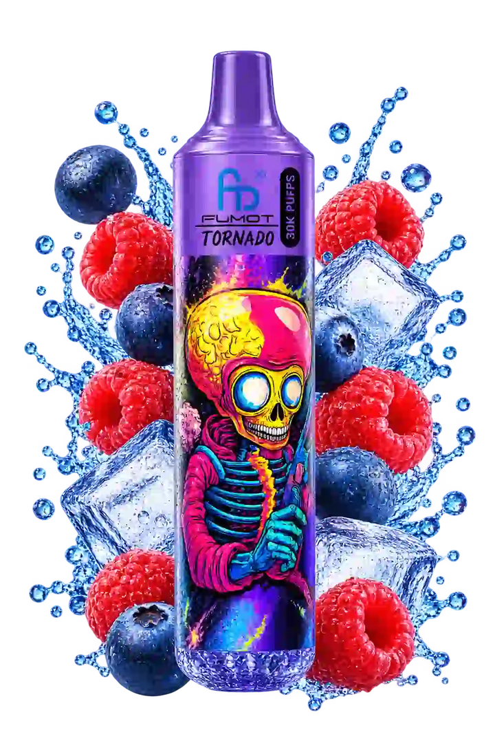RandM Tornado 30000 Blueberry Sour Raspberry – Produktfoto der lila Vape mit Heidelbeeren, Himbeeren und Eiswürfeln auf transparentem Hintergrund.