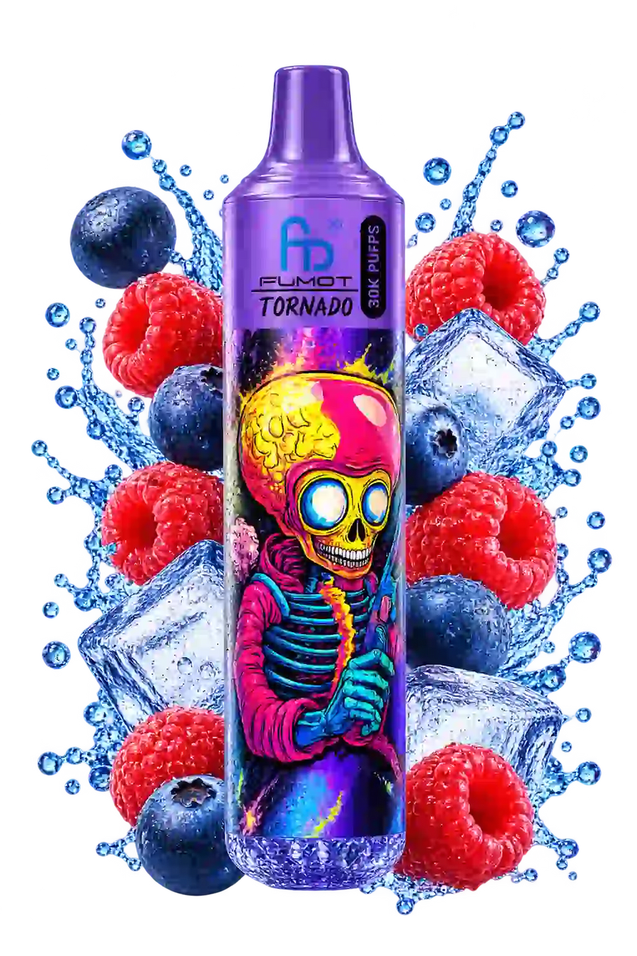 RandM Tornado 30000 Blueberry Sour Raspberry – Produktfoto der lila Vape mit Heidelbeeren, Himbeeren und Eiswürfeln auf transparentem Hintergrund.