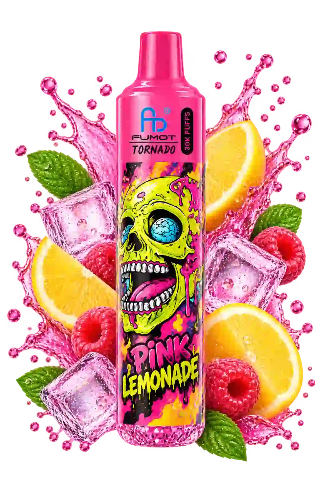 RandM Tornado 30000 Pink Lemonade – Vape mit pinkem Gehäuse und farbenfrohem Design, freigestellt auf transparentem Hintergrund.