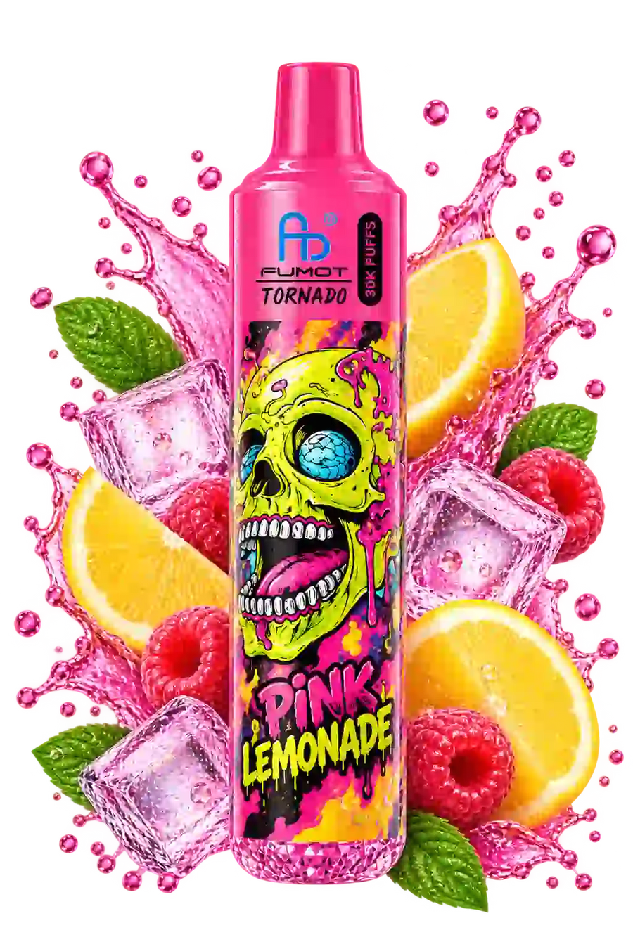 RandM Tornado 30000 Pink Lemonade – Vape mit pinkem Gehäuse und farbenfrohem Design, freigestellt auf transparentem Hintergrund.