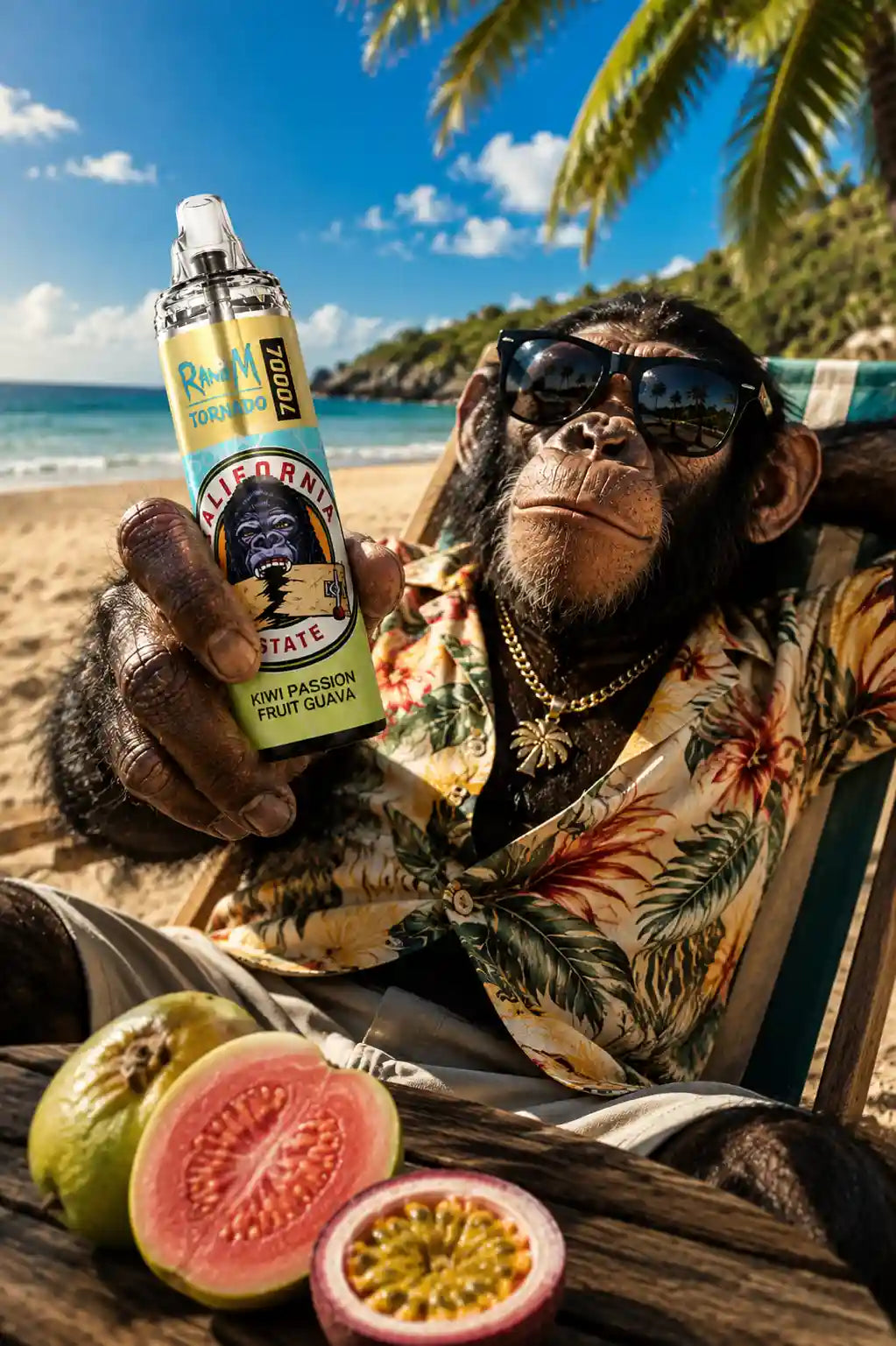 RandM Tornado 7000 Kiwi Passion Fruit Guava Vape mit Affe am tropischen Strand