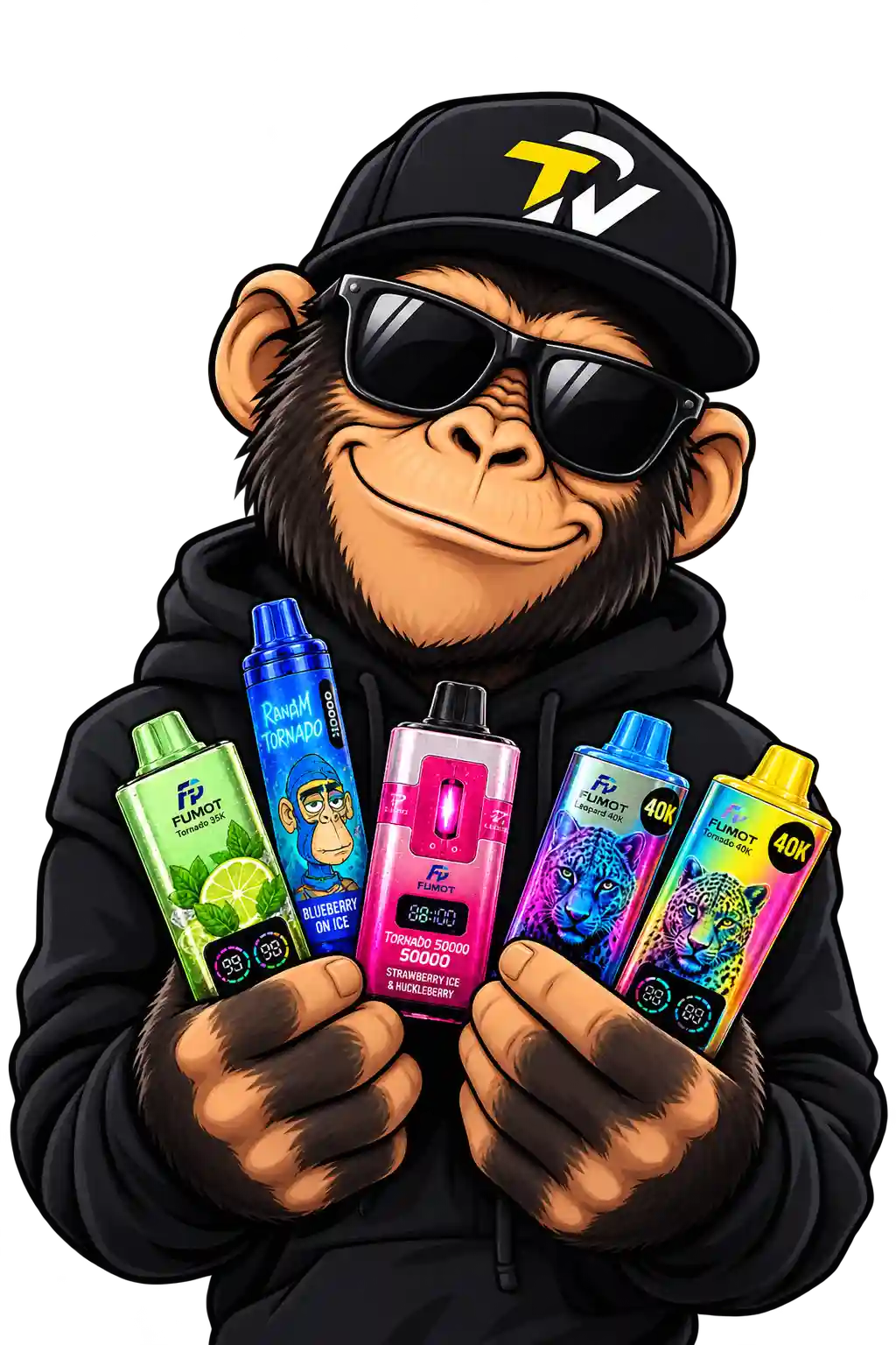 Affe mit unterschiedlichen Vapes in der Hand. Ueber uns Grafik.